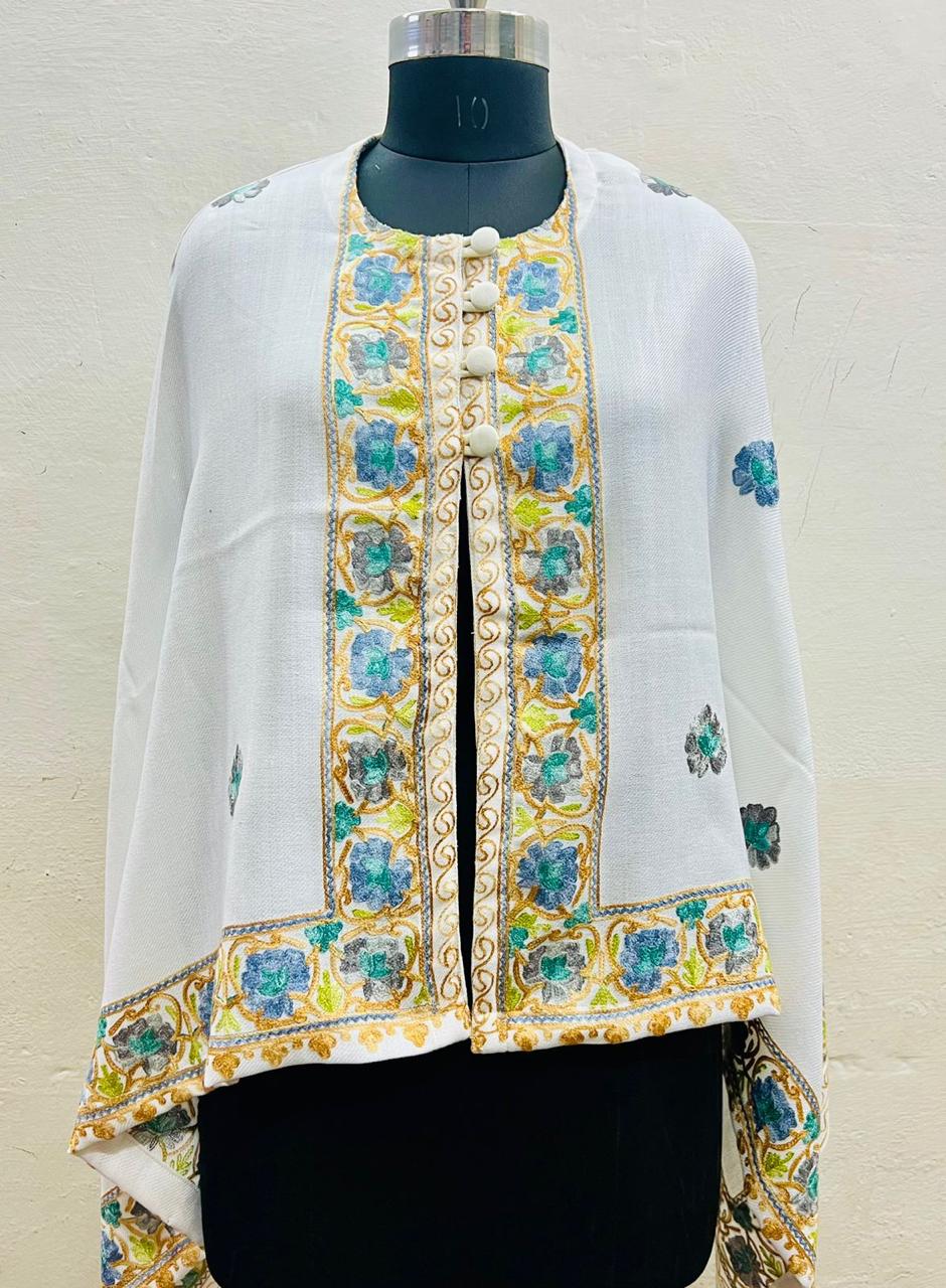 Kashmiri Heritage Pure Wool Aari-Embroidered Poncho Cape