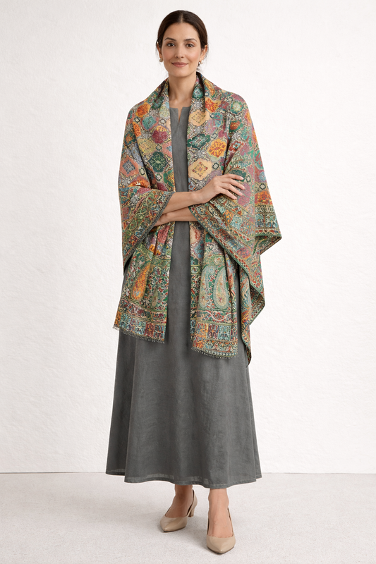 Imperial Kashmiri Pashmina Jama Kalamkari Shawl – Hand-Embroidered Luxury Edition