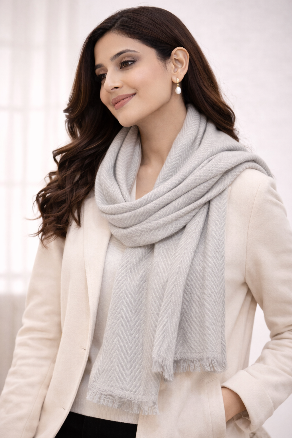 -Aura Embrace: Signature Solid Pure Pashmina Muffler-Soft Pearl Grey