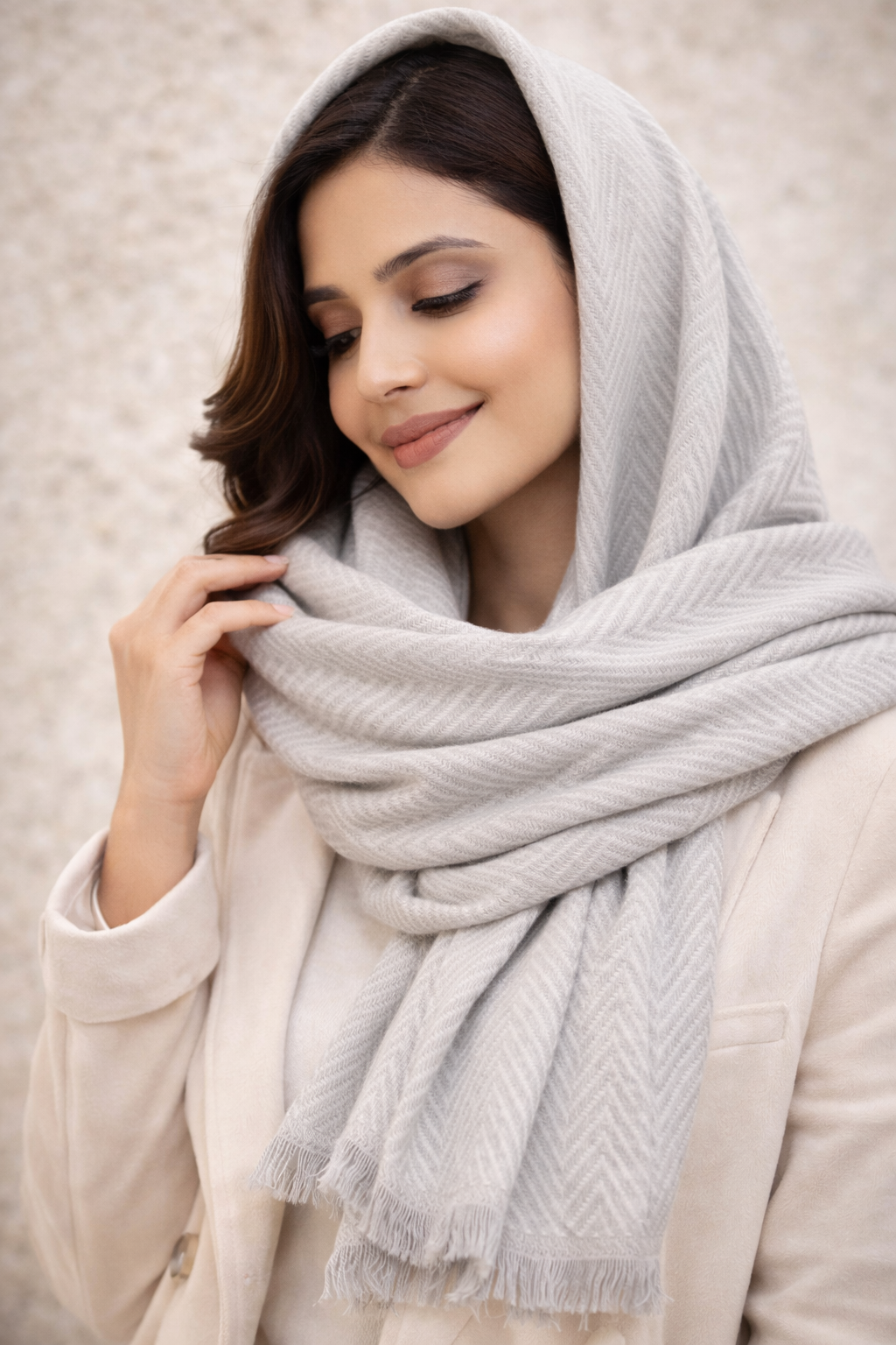 -Aura Embrace: Signature Solid Pure Pashmina Muffler-Soft Pearl Grey