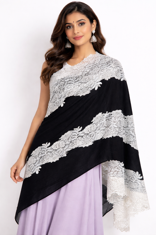 The 'Midnight Frost' Pure Pashmina & Chantilly Lace Shawl