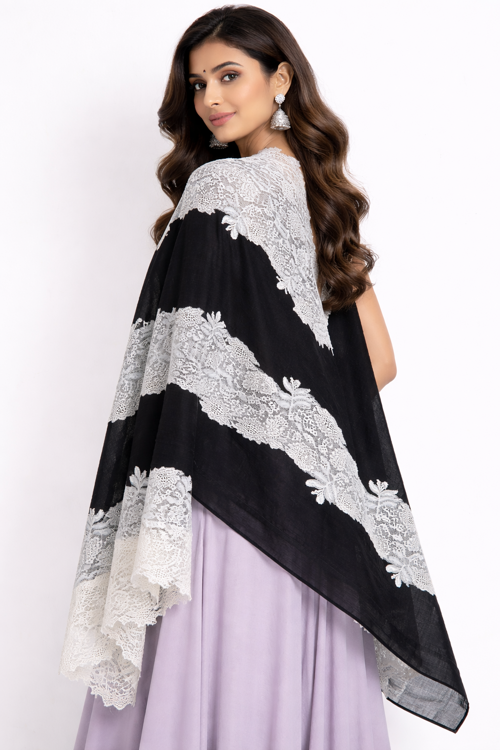 The 'Midnight Frost' Pure Pashmina & Chantilly Lace Shawl