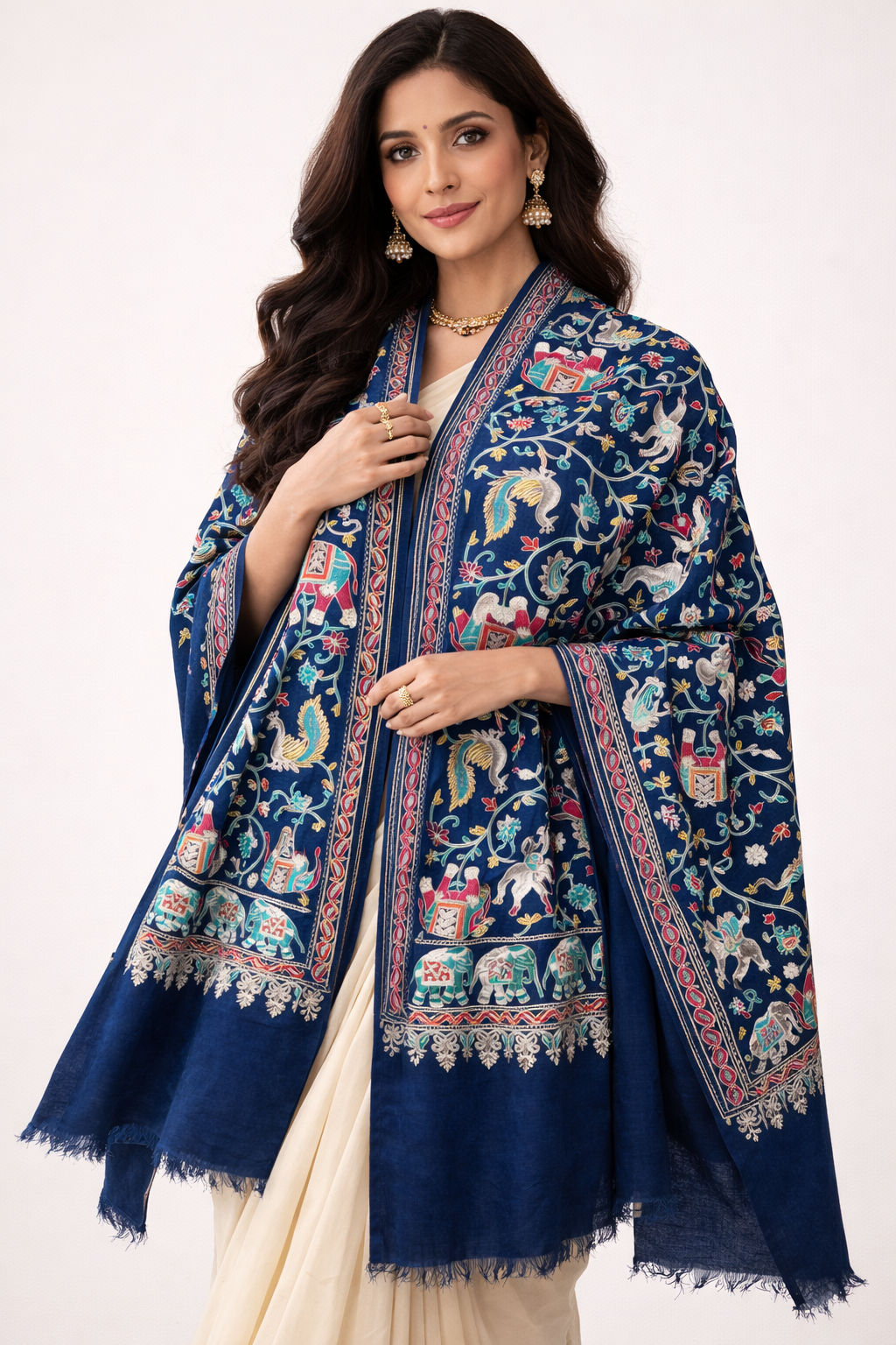 The Royal Heritage: The Royal Navy Blue Kalamkari Pashmina Shawl-Raj Neel