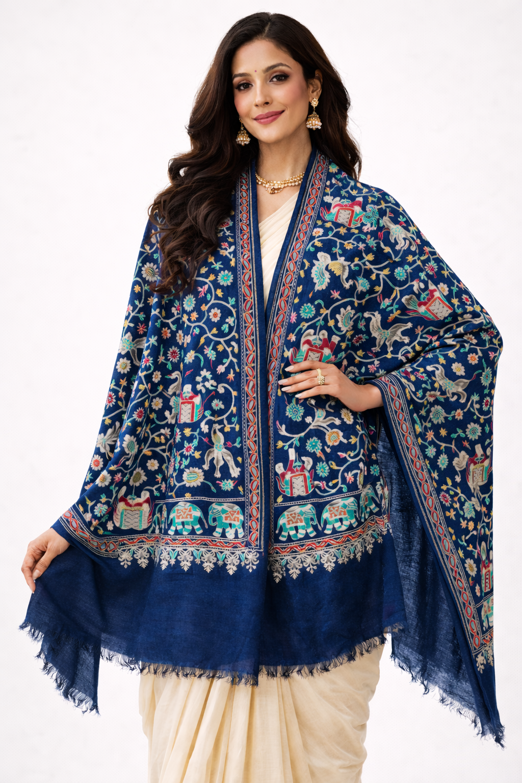 The Royal Heritage: The Royal Navy Blue Kalamkari Pashmina Shawl-Raj Neel