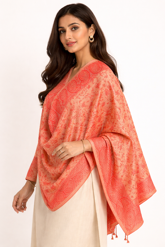 The 'Kashmiri Coral' Fine Viscose Self-Jama Stole