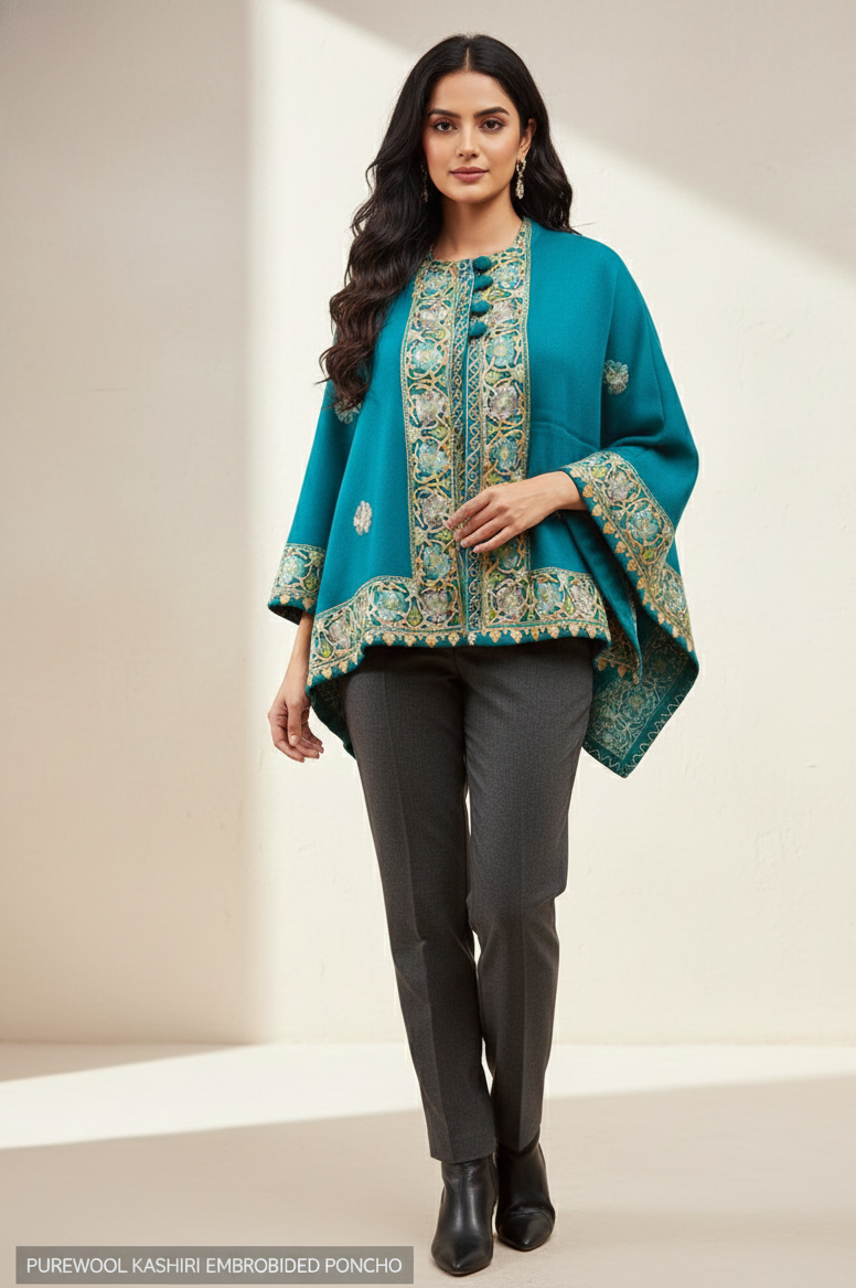 Kashmiri Heritage Pure Wool Embroidered Poncho
