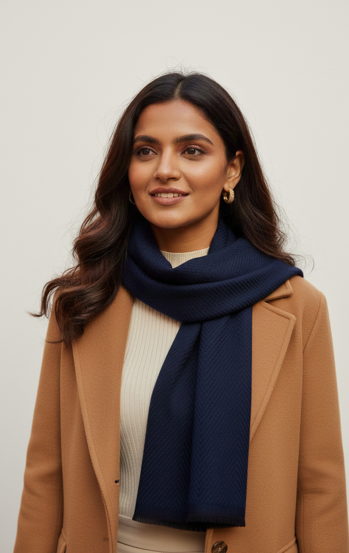 Aura Embrace: Signature Solid Pure Pashmina Muffler-Midnight Indigo