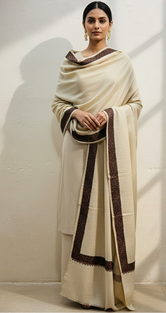 The Minimalist Heritage: Cream Pashmina with Sozni Border