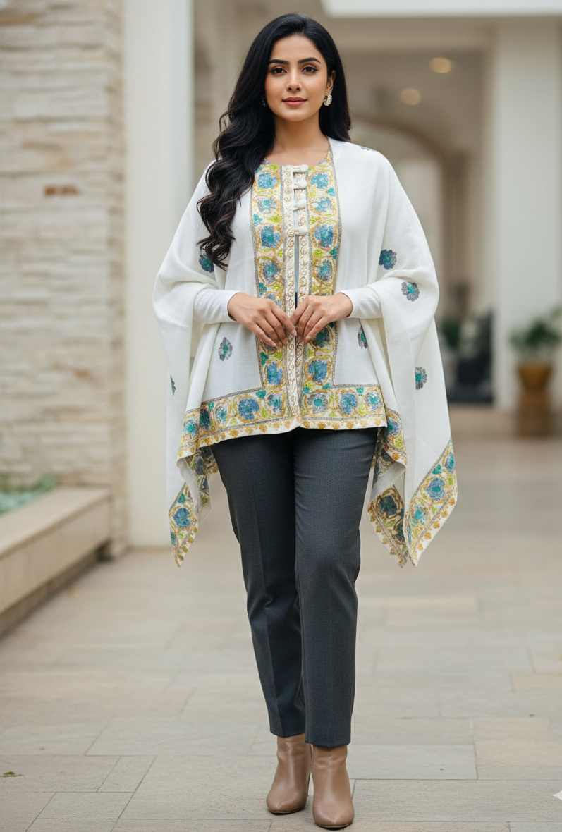 Kashmiri Heritage Pure Wool Aari-Embroidered Poncho Cape