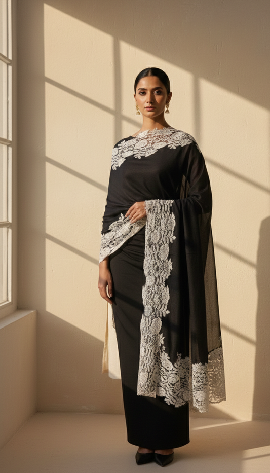 The 'Midnight Frost' Pure Pashmina & Chantilly Lace Shawl