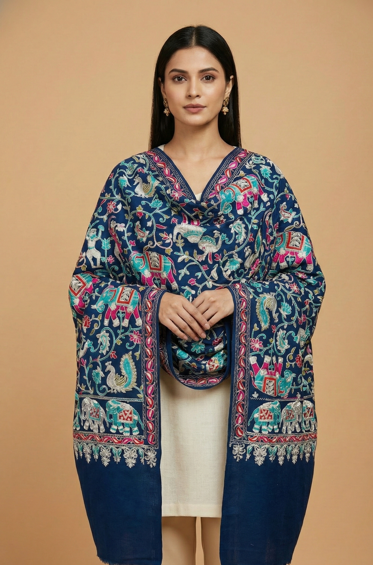 The Royal Heritage: The Royal Navy Blue Kalamkari Pashmina Shawl