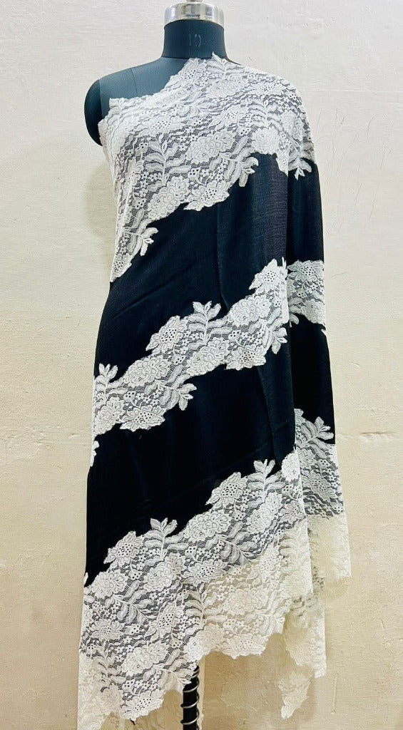 The 'Midnight Frost' Pure Pashmina & Chantilly Lace Shawl