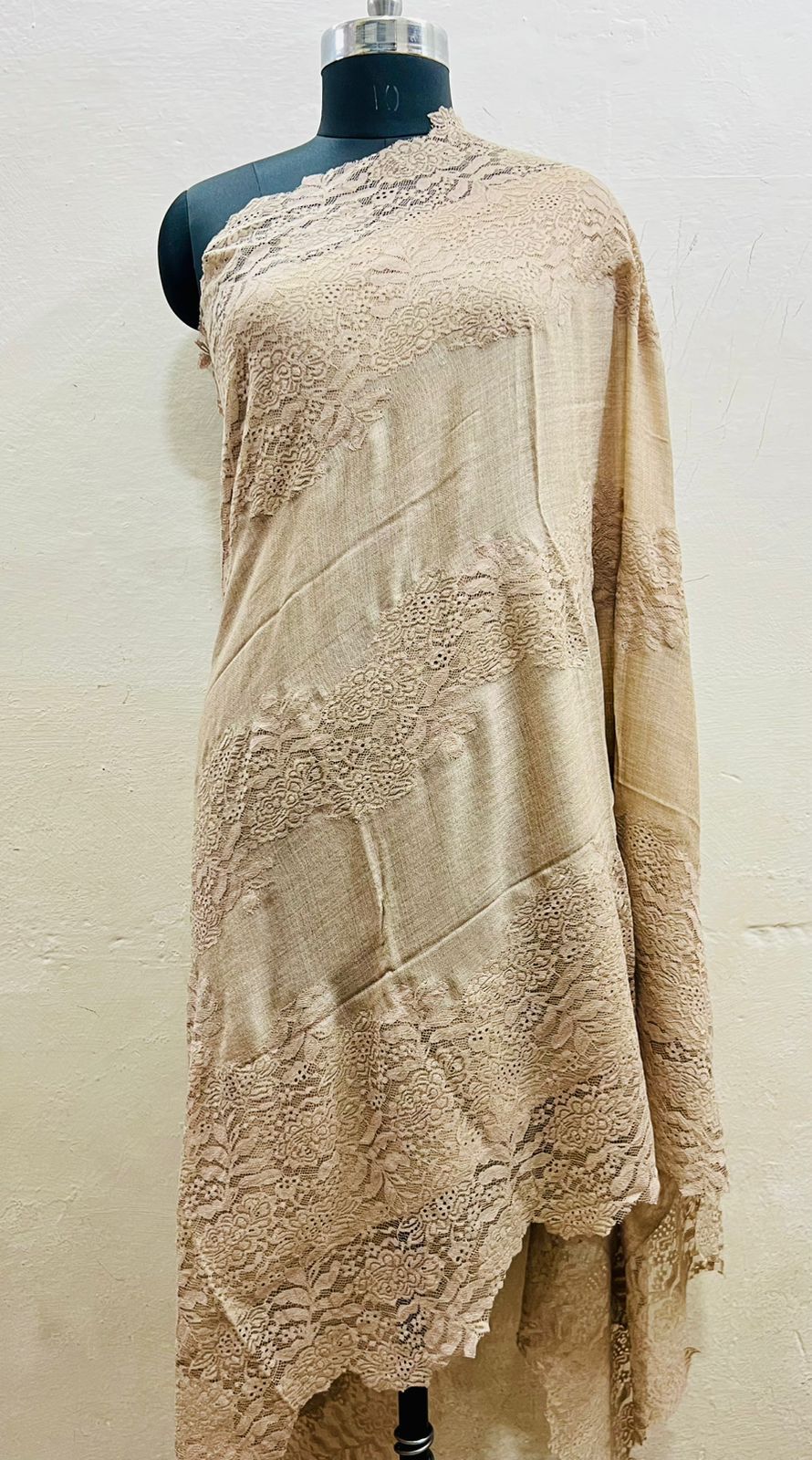 The 'Midnight Frost' Pure Pashmina & Chantilly Lace Shawl