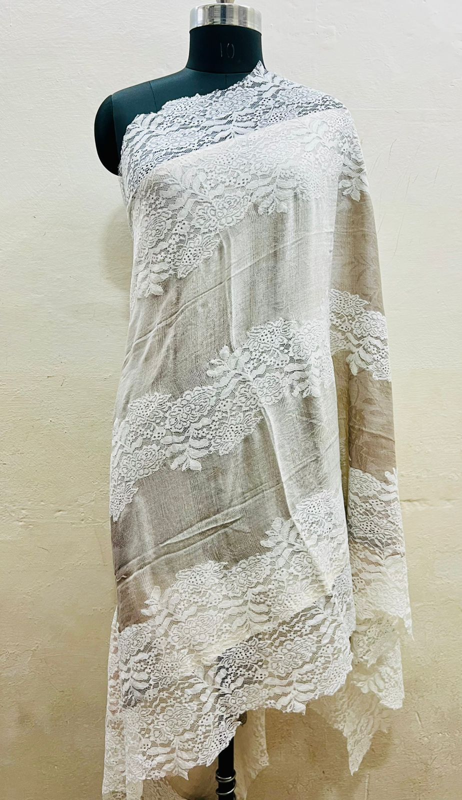 The 'Midnight Frost' Pure Pashmina & Chantilly Lace Shawl