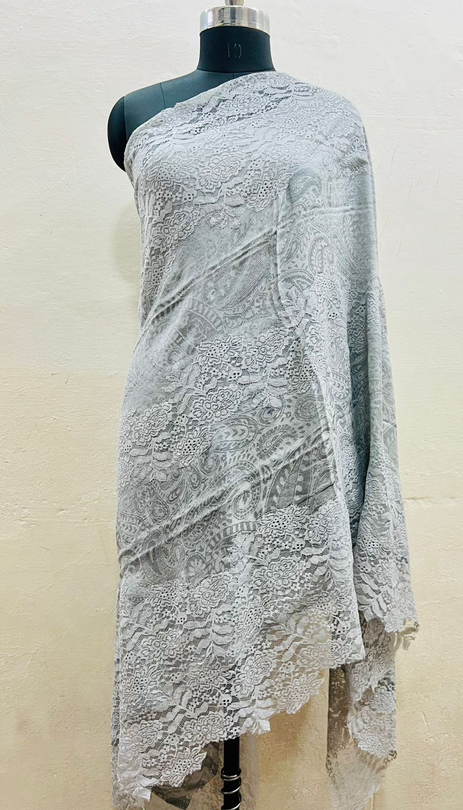 The 'Midnight Frost' Pure Pashmina & Chantilly Lace Shawl