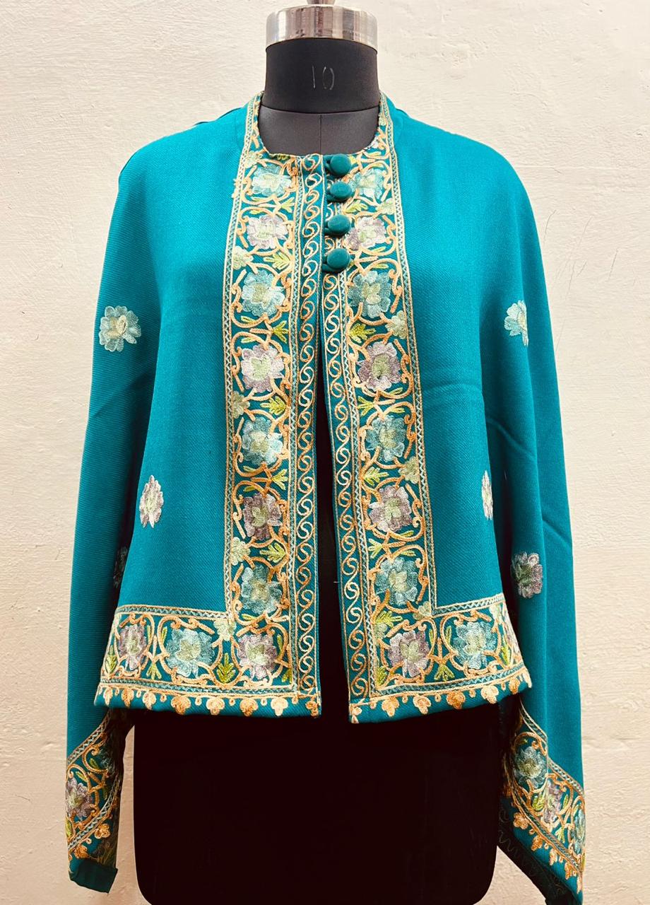 Kashmiri Heritage Pure Wool Embroidered Poncho